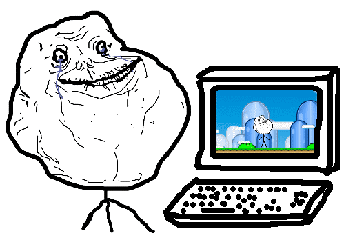 The Forever Alone meme character watching a man on a computer screen.