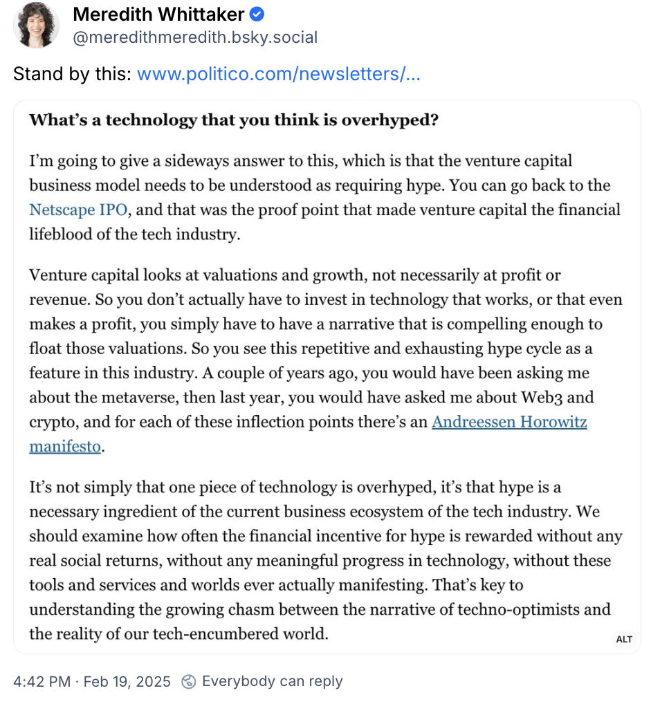 Screenshot of Meredith Whittaker’s Bluesky post about the gap between AI’s optimistic public narrative and its political economy.